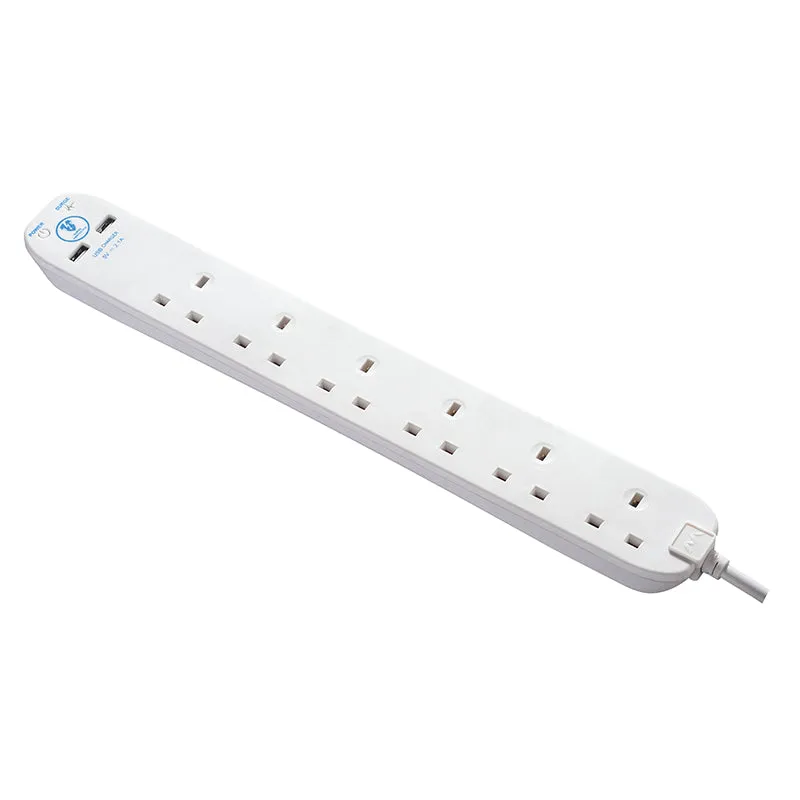 Masterplug SRGU6210N 6 Socket 2m 13A Surge Extension Lead   USB White