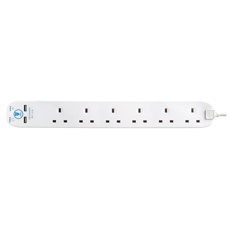 Masterplug SRGU6210N 6 Socket 2m 13A Surge Extension Lead   USB White