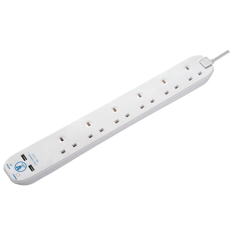Masterplug SRGU6210N 6 Socket 2m 13A Surge Extension Lead   USB White