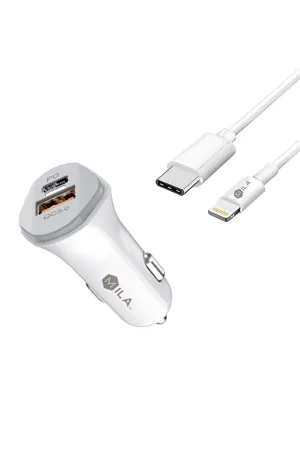 MILA|3.0A FAST CHARGE USB AND USB-C PORT CAR CHARGER WITH TYPE C TO LIGHTNING CABLE