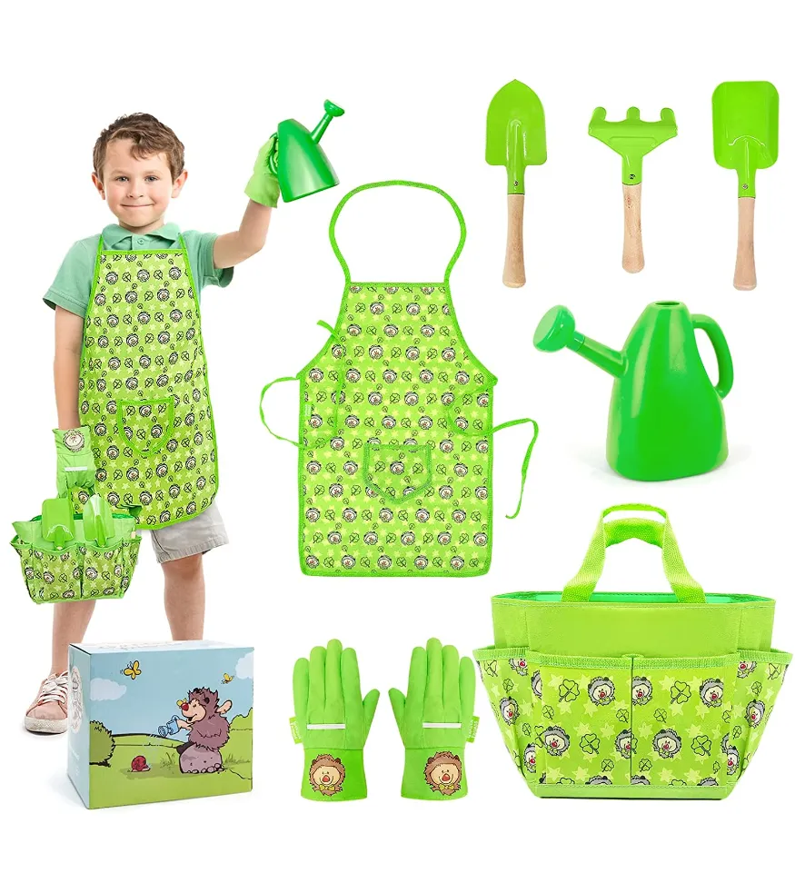 Montessori 7 Piece Sand Pit Set & Garden Toy Tool Set | Apron | Can | Gloves | Tools | 3 years 