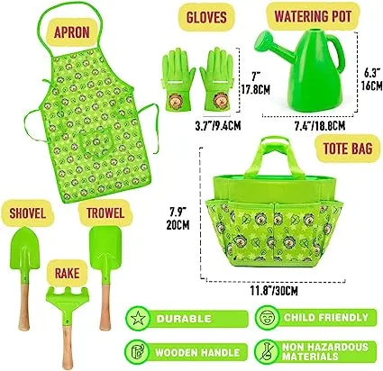 Montessori 7 Piece Sand Pit Set & Garden Toy Tool Set | Apron | Can | Gloves | Tools | 3 years 