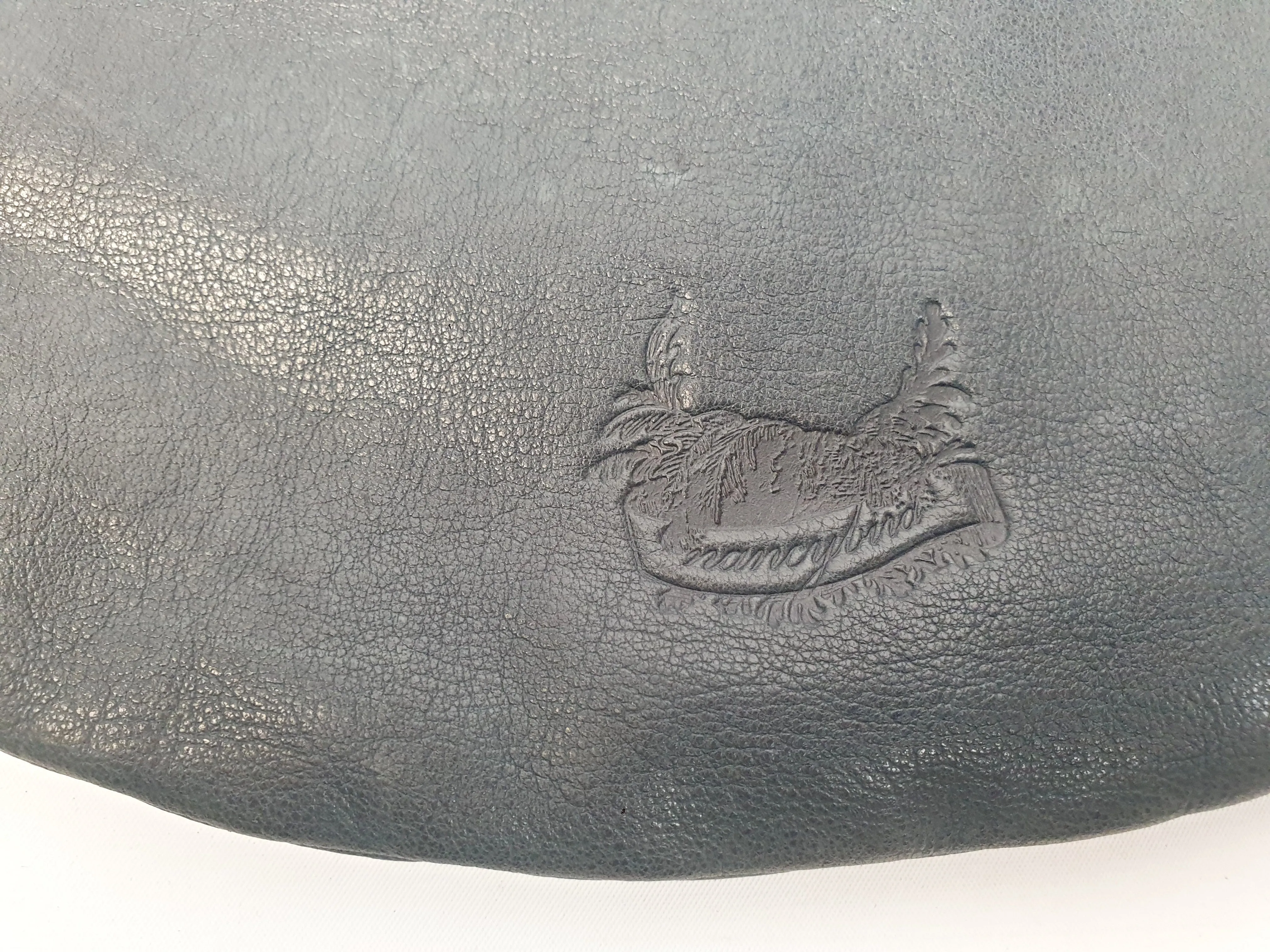 Nancybird soft leather navy clutch with brown wrist strap