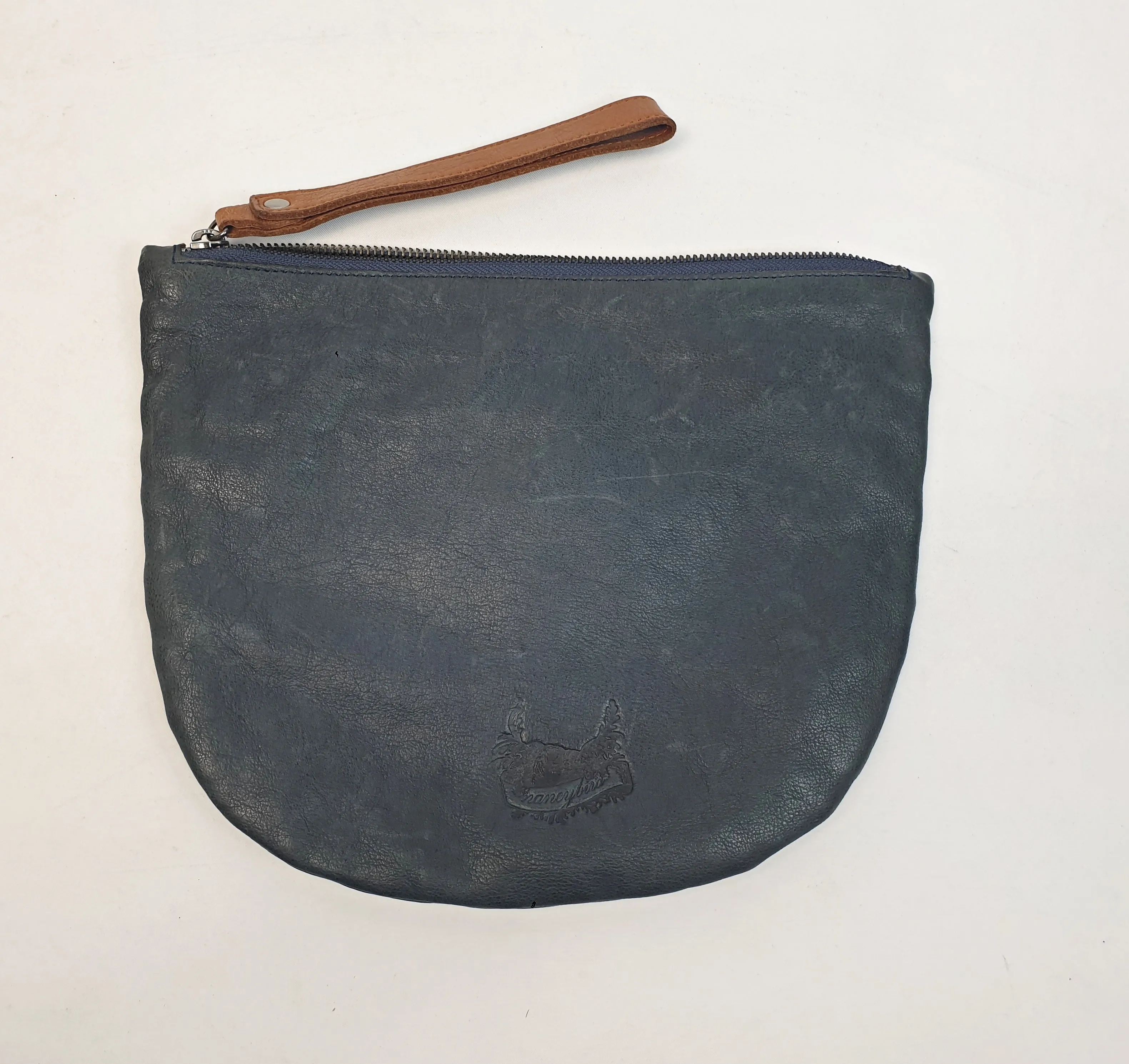 Nancybird soft leather navy clutch with brown wrist strap