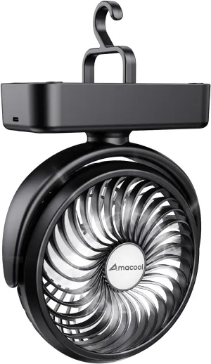 New Amacool Portable Battery Camping Fan with LED Lantern - Rechargeable 5000mAh Battery, USB Desk Fan Kit for Tent Car RV Hurricane Emergency