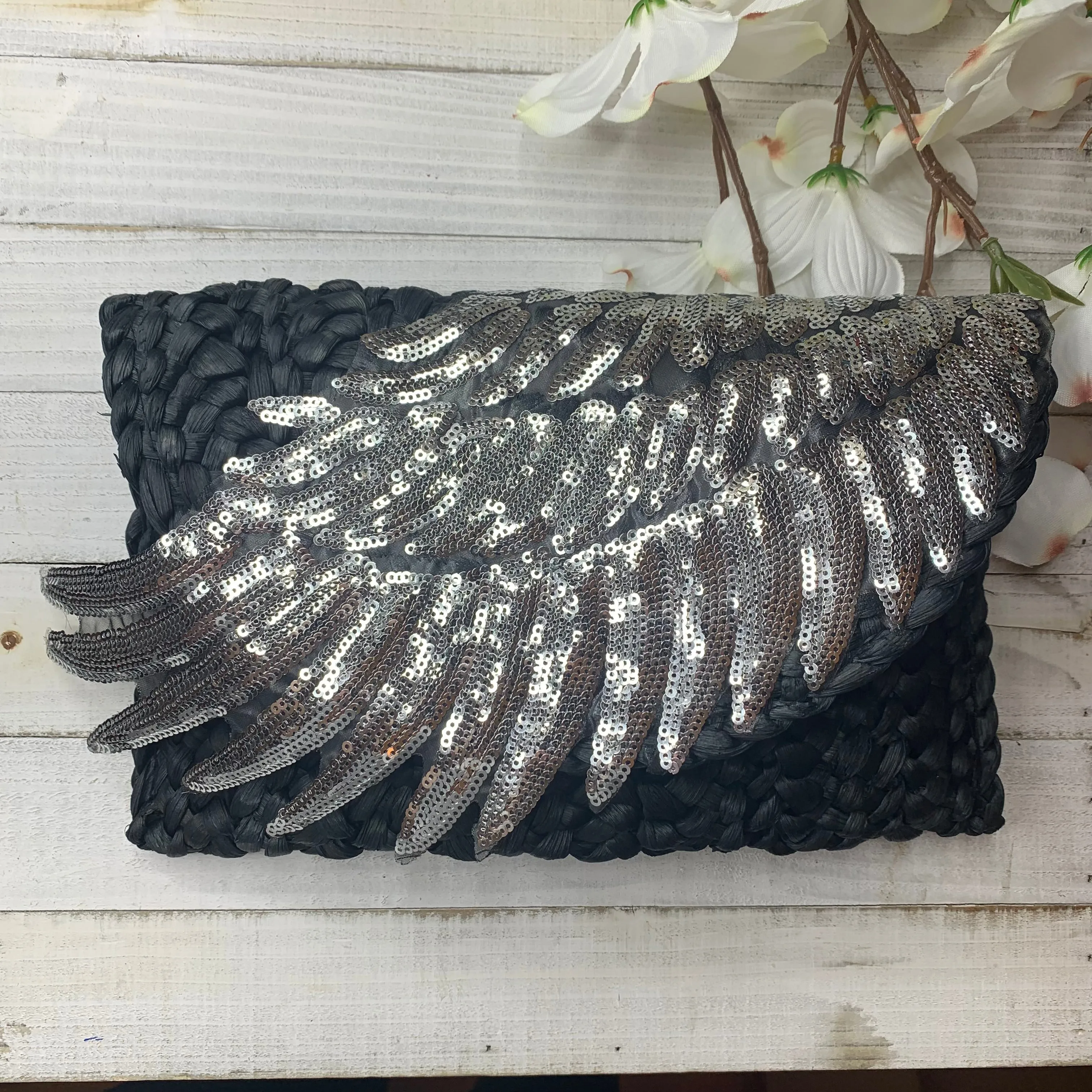 One of Kind Straw Clutch with Sequins in the Shape of a Wing  510-04 | Erika Williner Designs