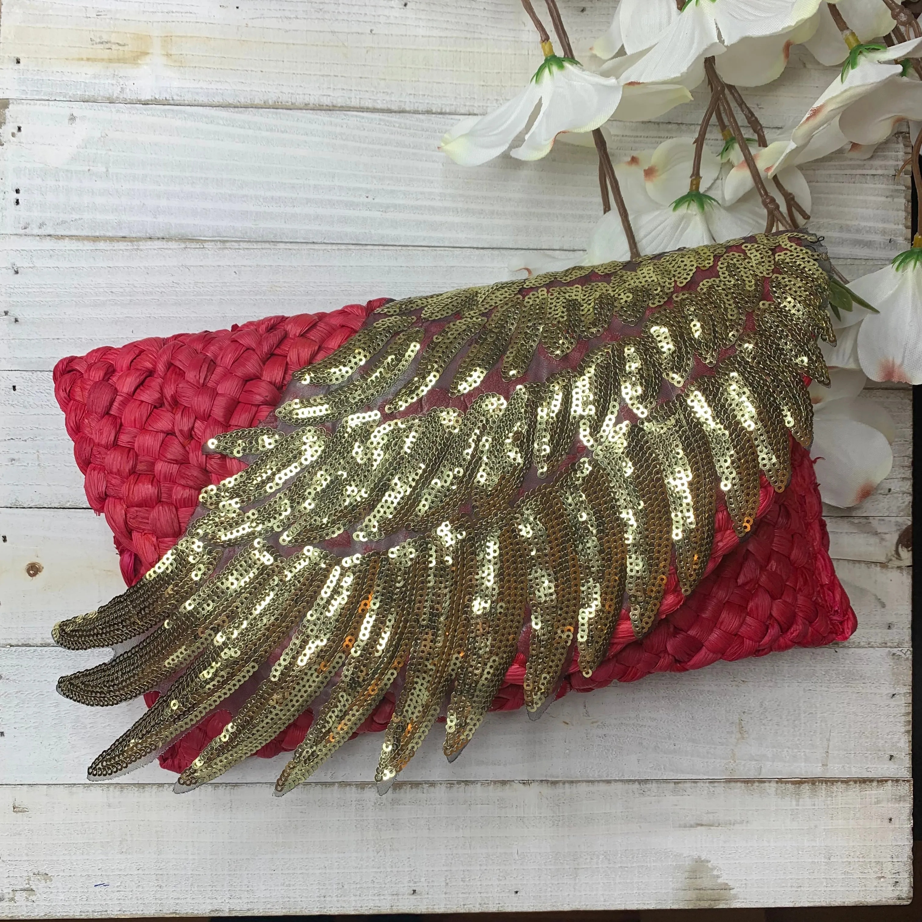 One of Kind Straw Clutch with Sequins in the Shape of a Wing  510-04 | Erika Williner Designs