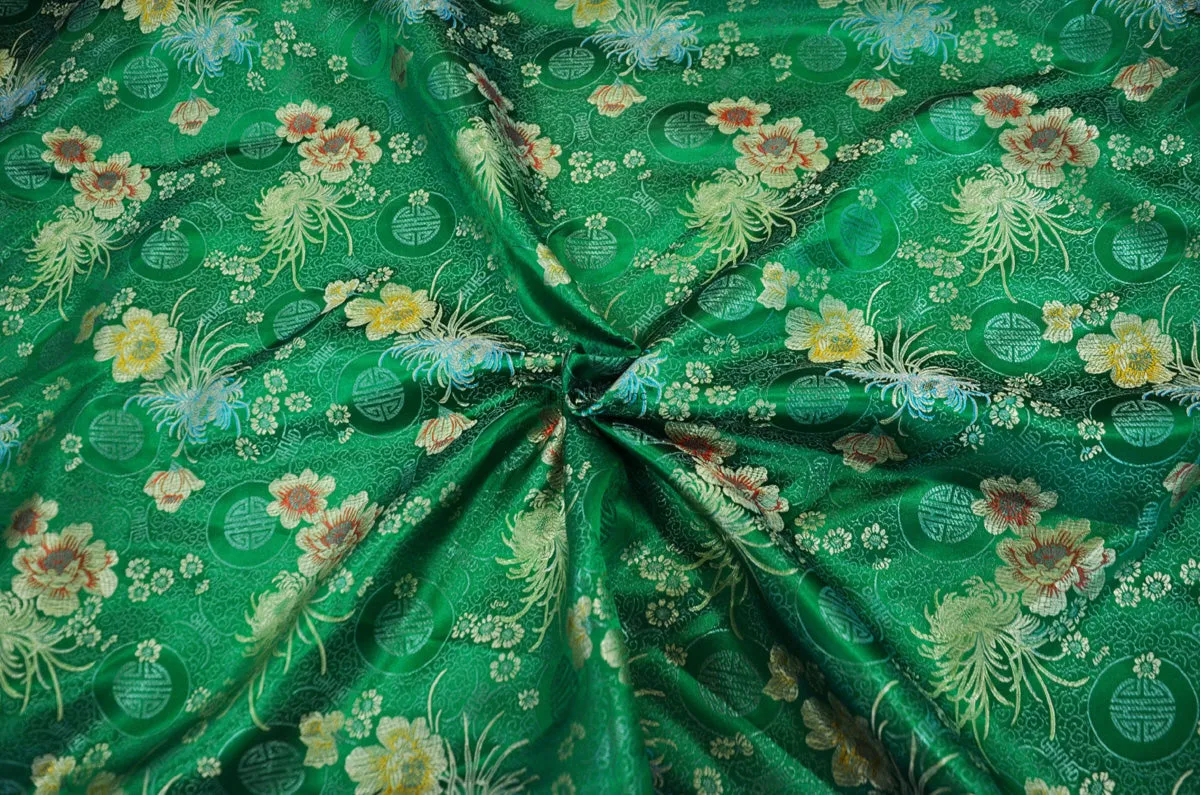 Oriental Floral Brocade | Chinese Flower Pattern Satin Fabric | 45 Inch Wide | Luxurious Chinese Brocade