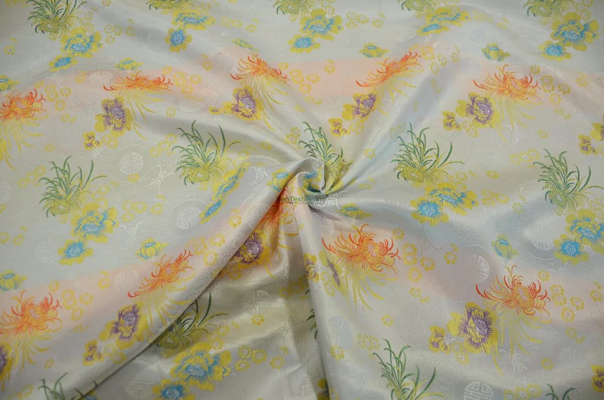 Oriental Floral Brocade | Chinese Flower Pattern Satin Fabric | 45 Inch Wide | Luxurious Chinese Brocade