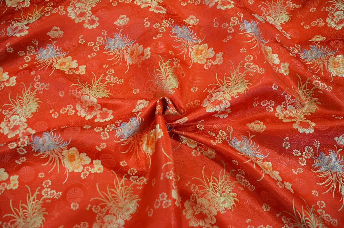 Oriental Floral Brocade | Chinese Flower Pattern Satin Fabric | 45 Inch Wide | Luxurious Chinese Brocade
