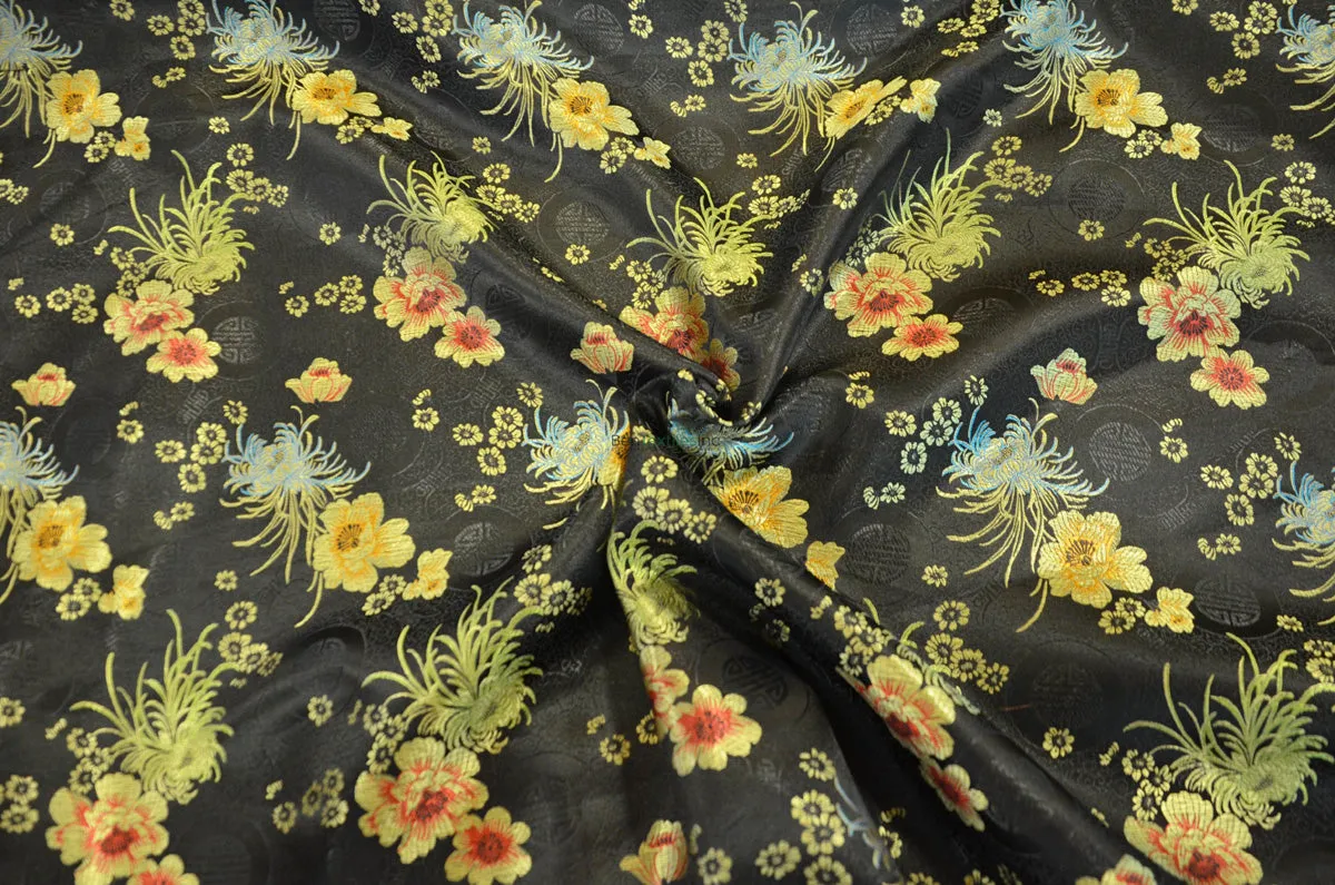 Oriental Floral Brocade | Chinese Flower Pattern Satin Fabric | 45 Inch Wide | Luxurious Chinese Brocade