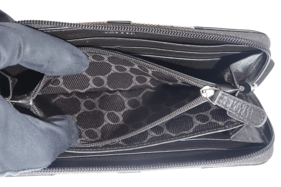 OROTON ZIP LONG WALLET BROWN CANVAS SILVER HARDWARE WITH BOX