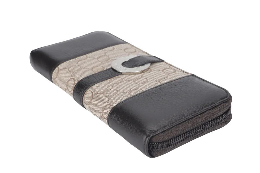 OROTON ZIP LONG WALLET BROWN CANVAS SILVER HARDWARE WITH BOX