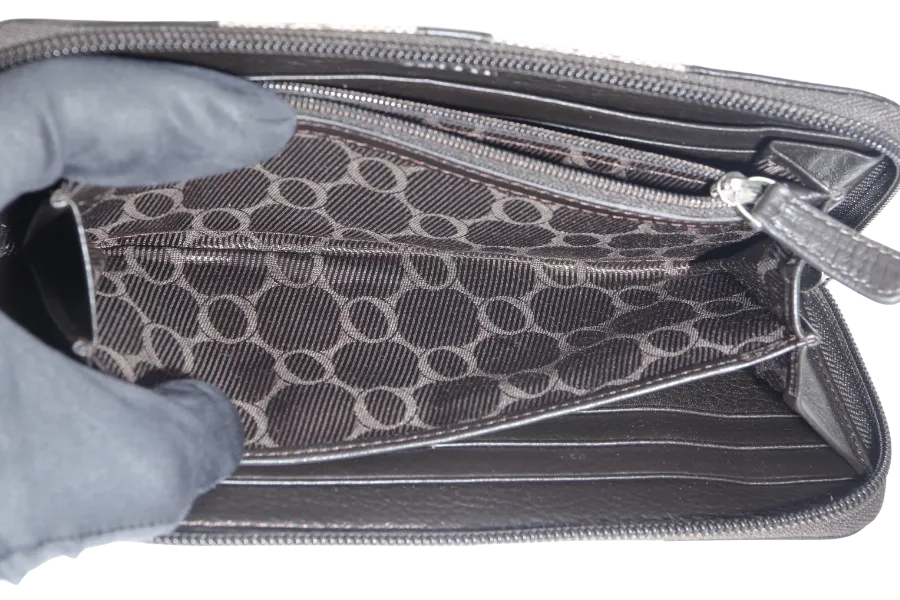 OROTON ZIP LONG WALLET BROWN CANVAS SILVER HARDWARE WITH BOX