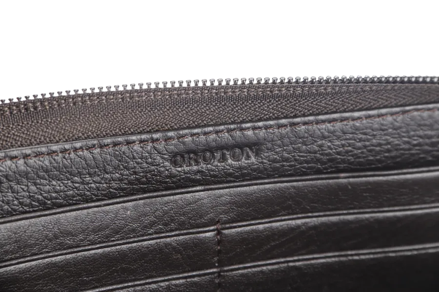 OROTON ZIP LONG WALLET BROWN CANVAS SILVER HARDWARE WITH BOX