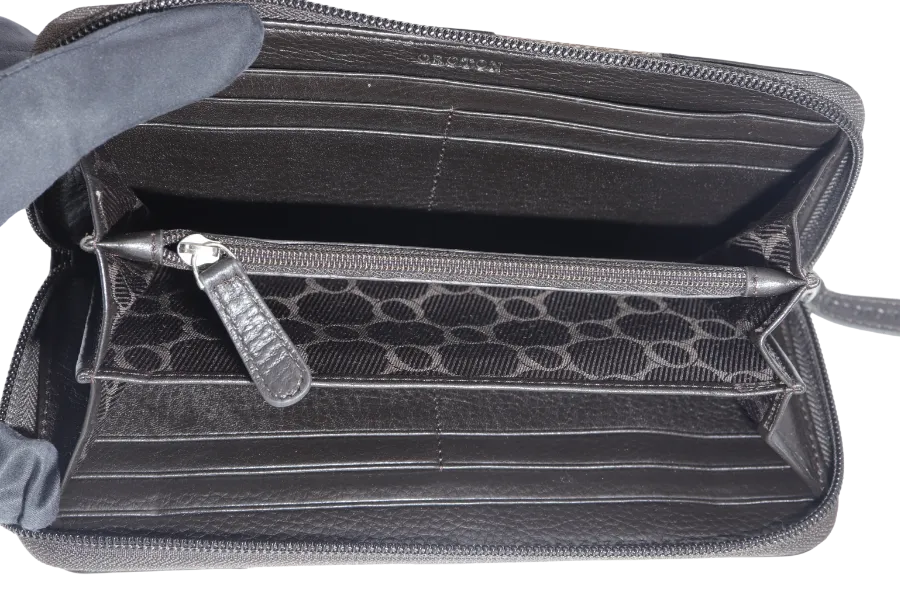 OROTON ZIP LONG WALLET BROWN CANVAS SILVER HARDWARE WITH BOX