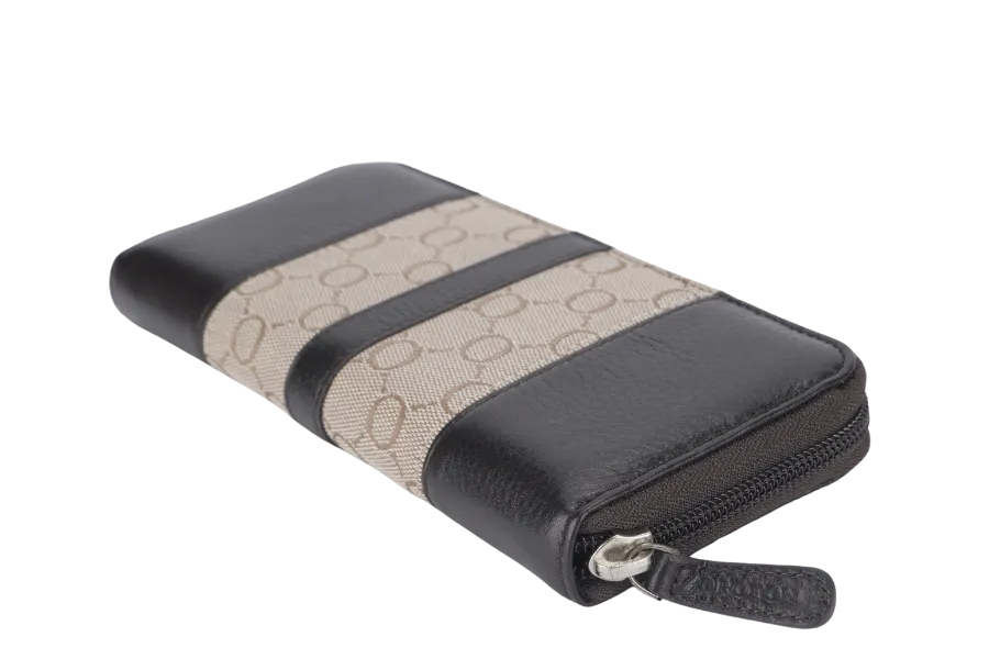 OROTON ZIP LONG WALLET BROWN CANVAS SILVER HARDWARE WITH BOX