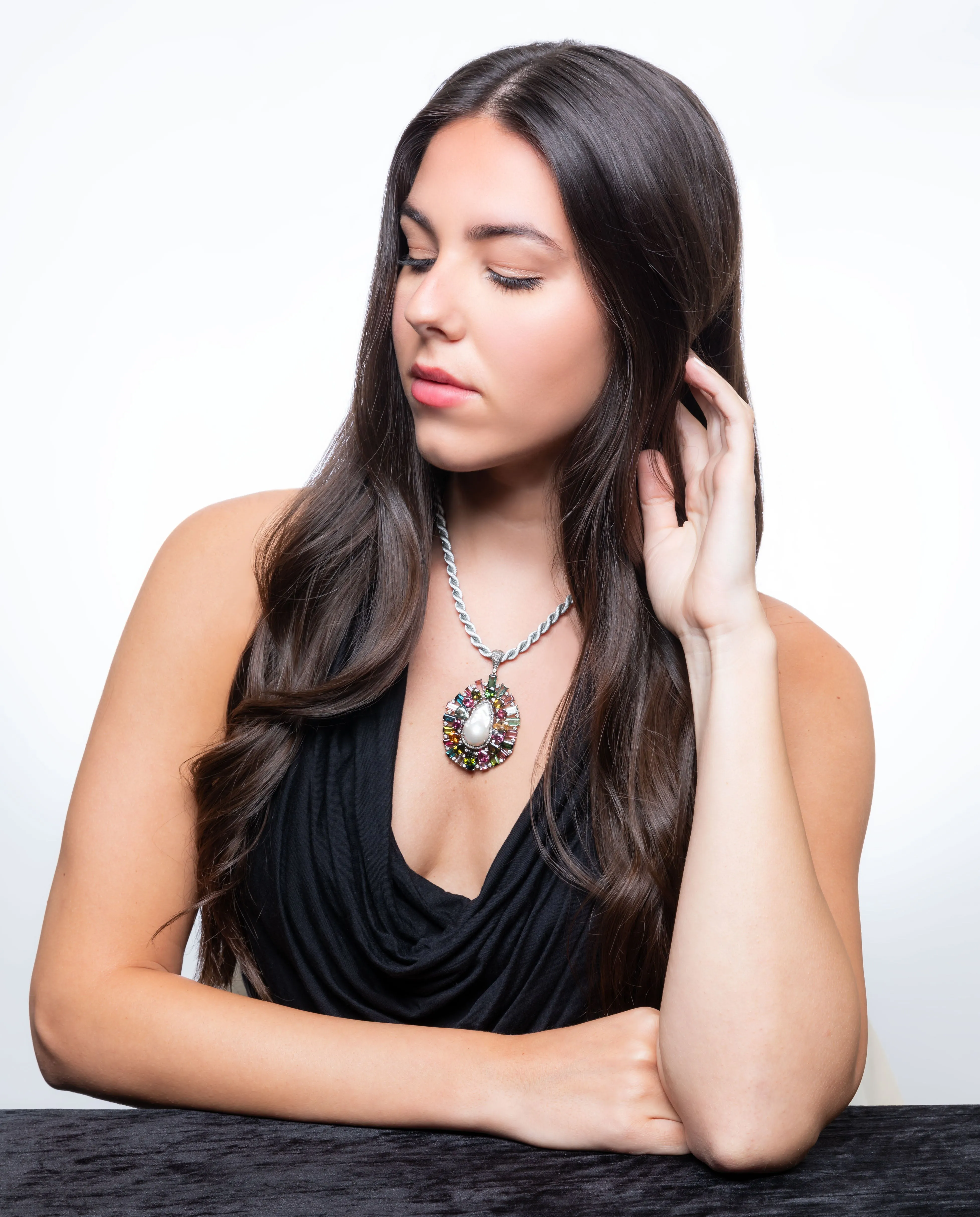 Pave Diamond, Pearl, Tourmaline Necklace