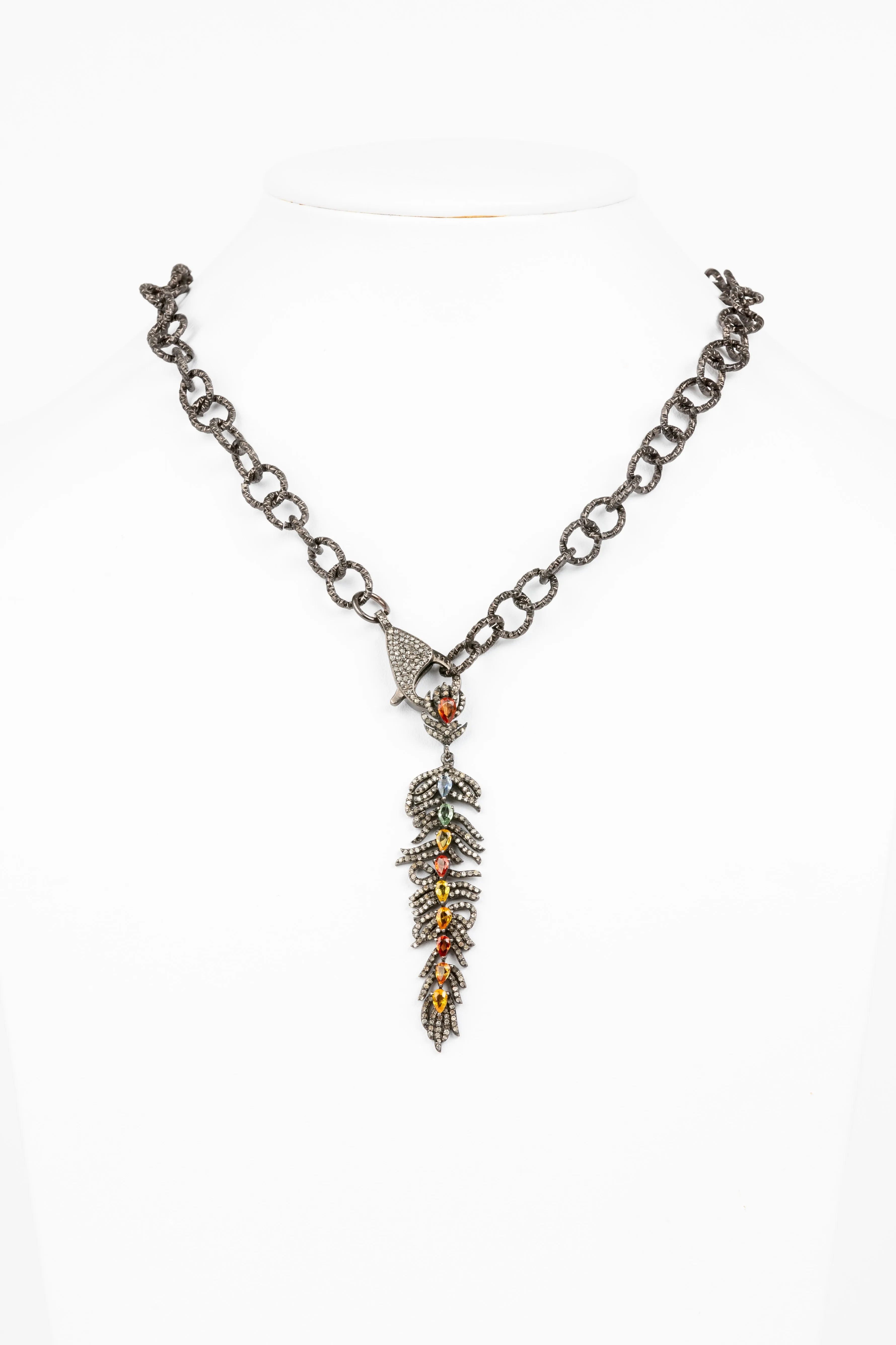 Pave Diamond , Sapphire Feather Necklace