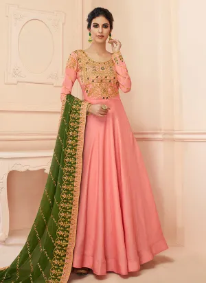 Peach And Green Traditional Anarkali Suit