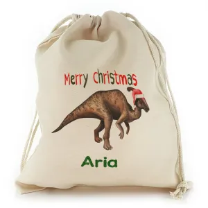 Personalised Canvas Sack with Dino Text and Santa Hat Parasaurolophus