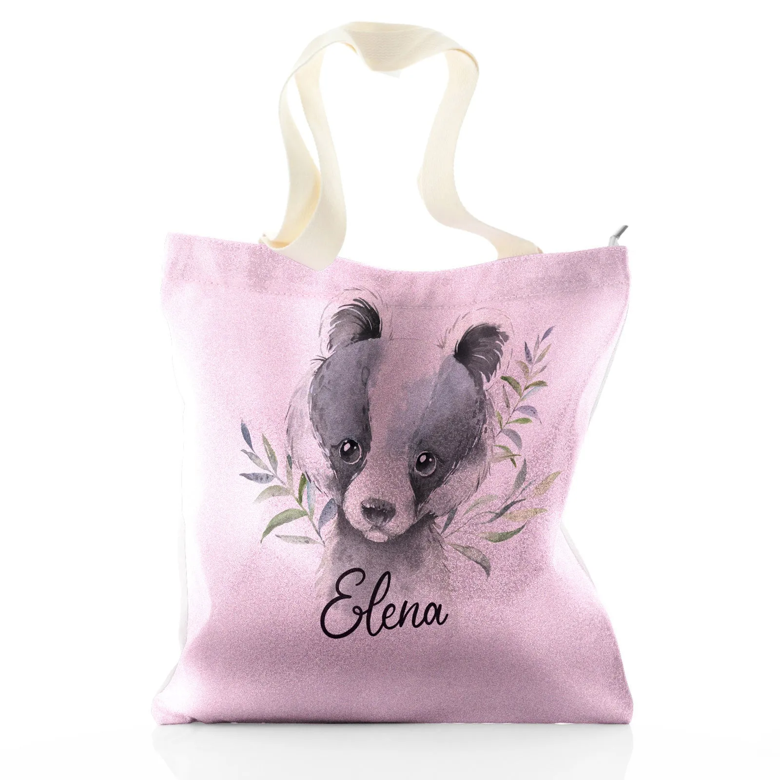 Personalised Glitter Tote Bag with Black and White Badger Leaves and Cute Text