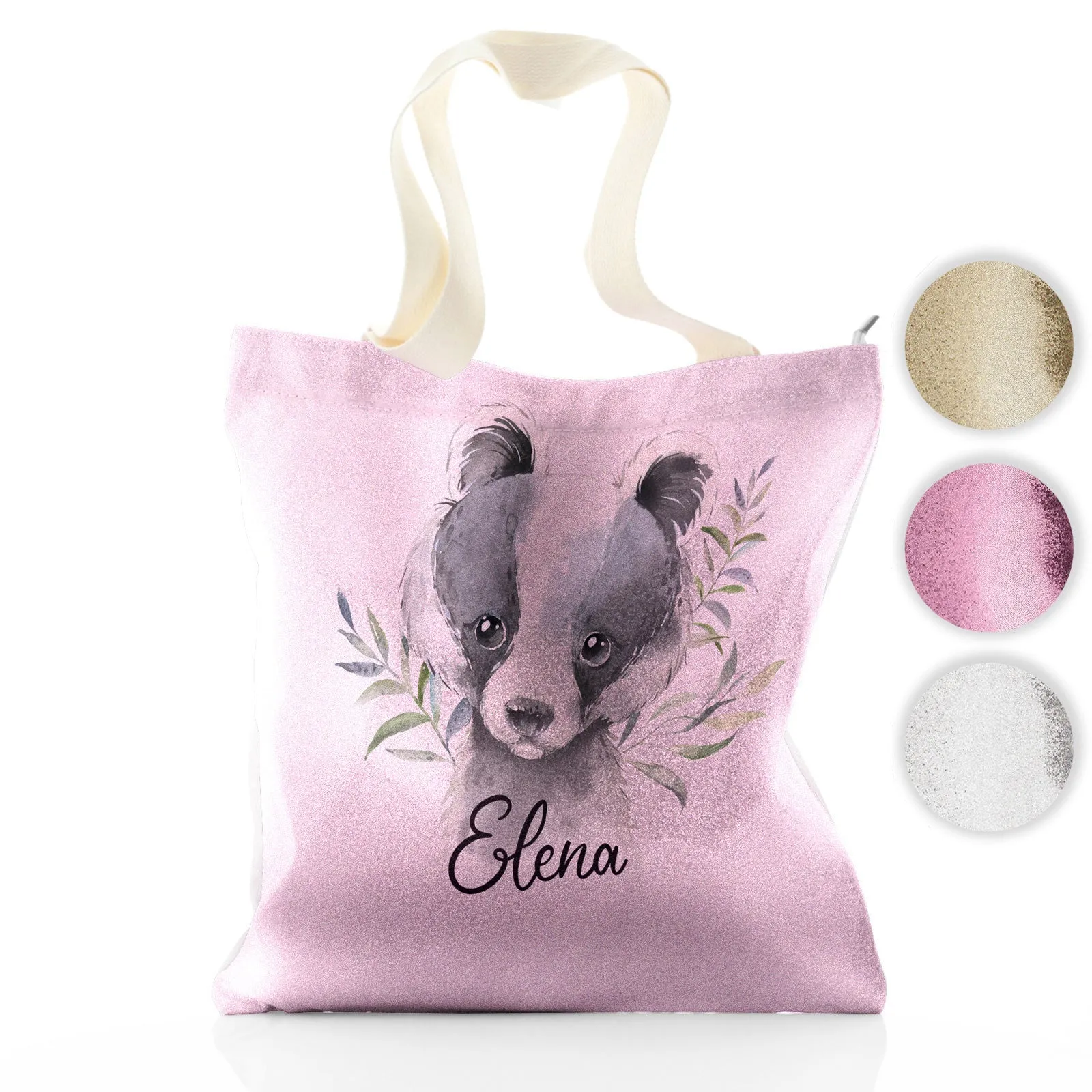 Personalised Glitter Tote Bag with Black and White Badger Leaves and Cute Text