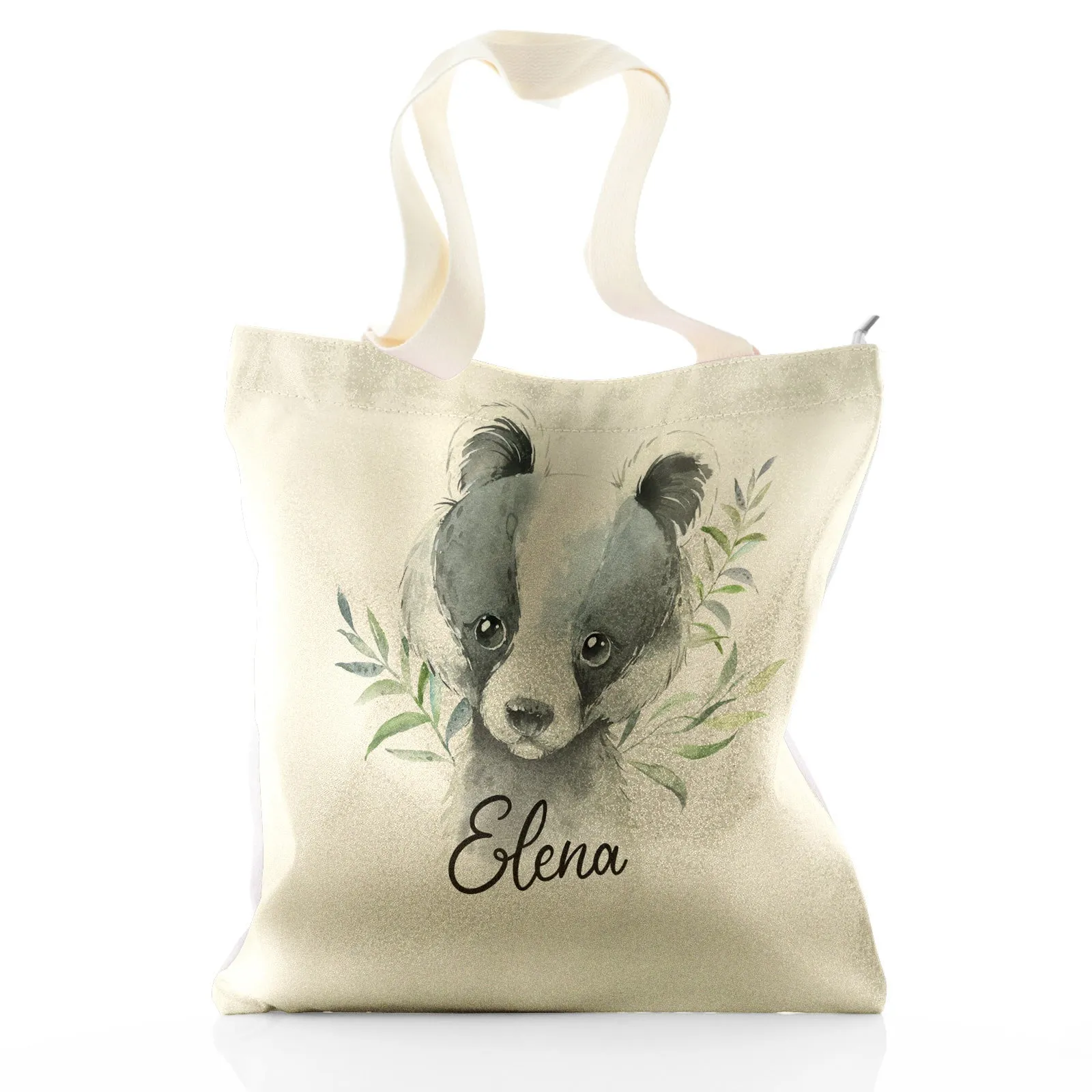 Personalised Glitter Tote Bag with Black and White Badger Leaves and Cute Text