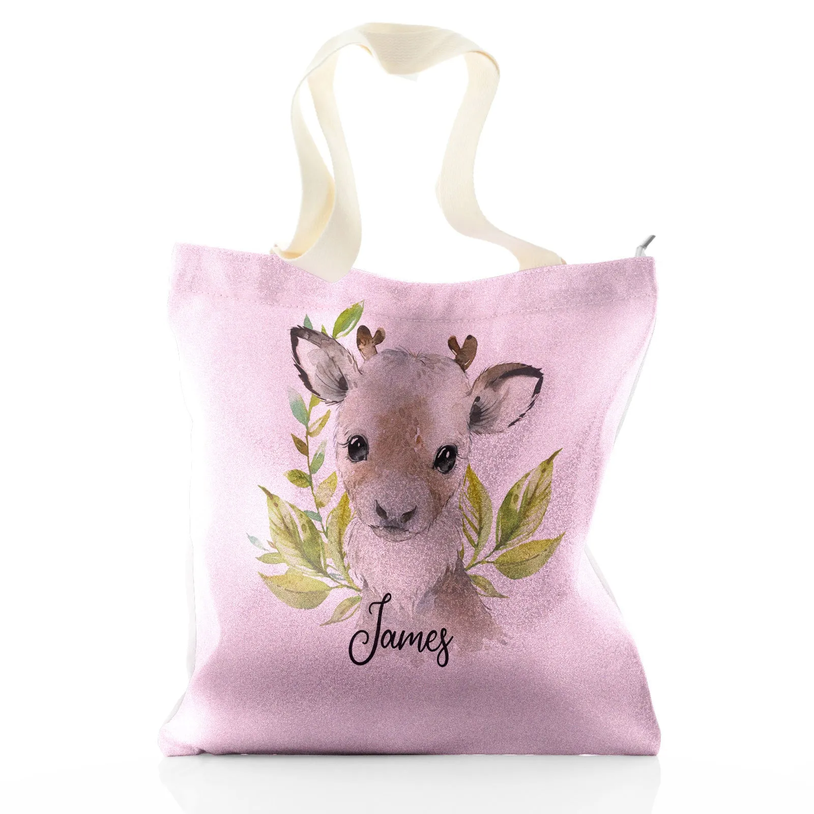 Personalised Glitter Tote Bag with Christmas Reindeer Deer Green Leaves and Cute Text
