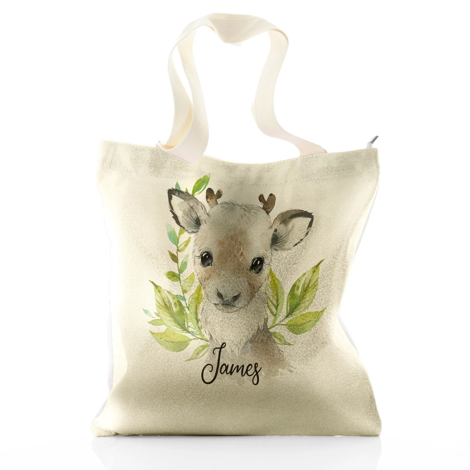 Personalised Glitter Tote Bag with Christmas Reindeer Deer Green Leaves and Cute Text