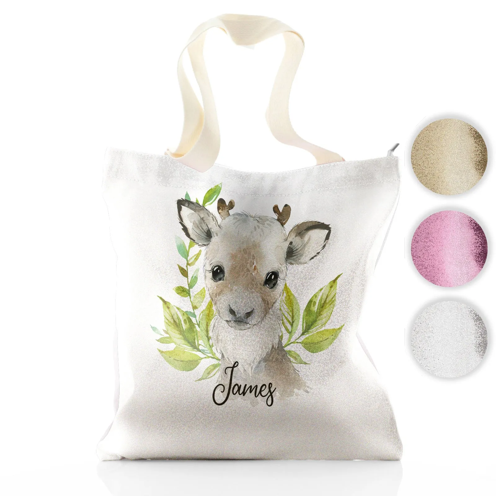 Personalised Glitter Tote Bag with Christmas Reindeer Deer Green Leaves and Cute Text