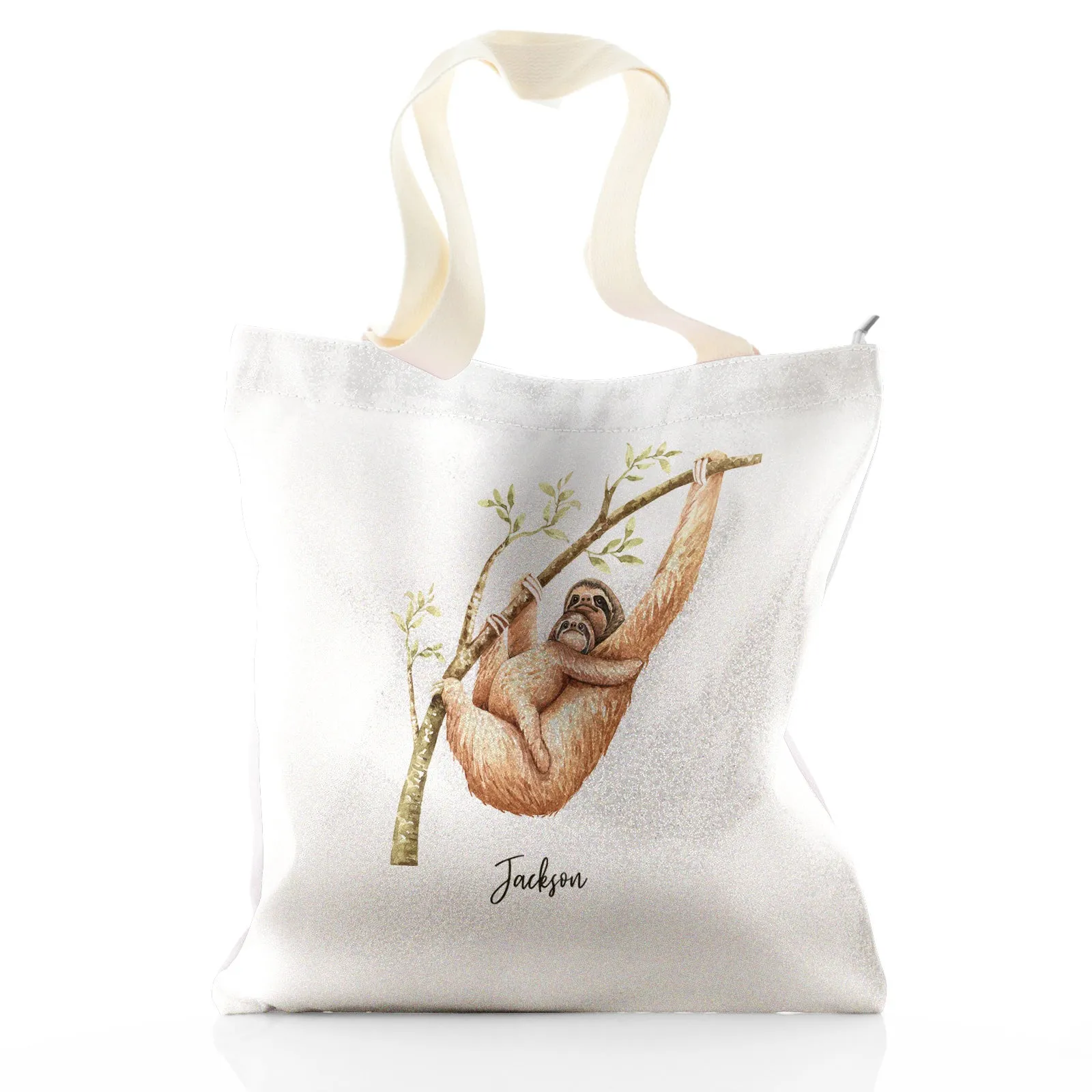 Personalised Glitter Tote Bag with Welcoming Text and Climbing Mum and Baby Sloths
