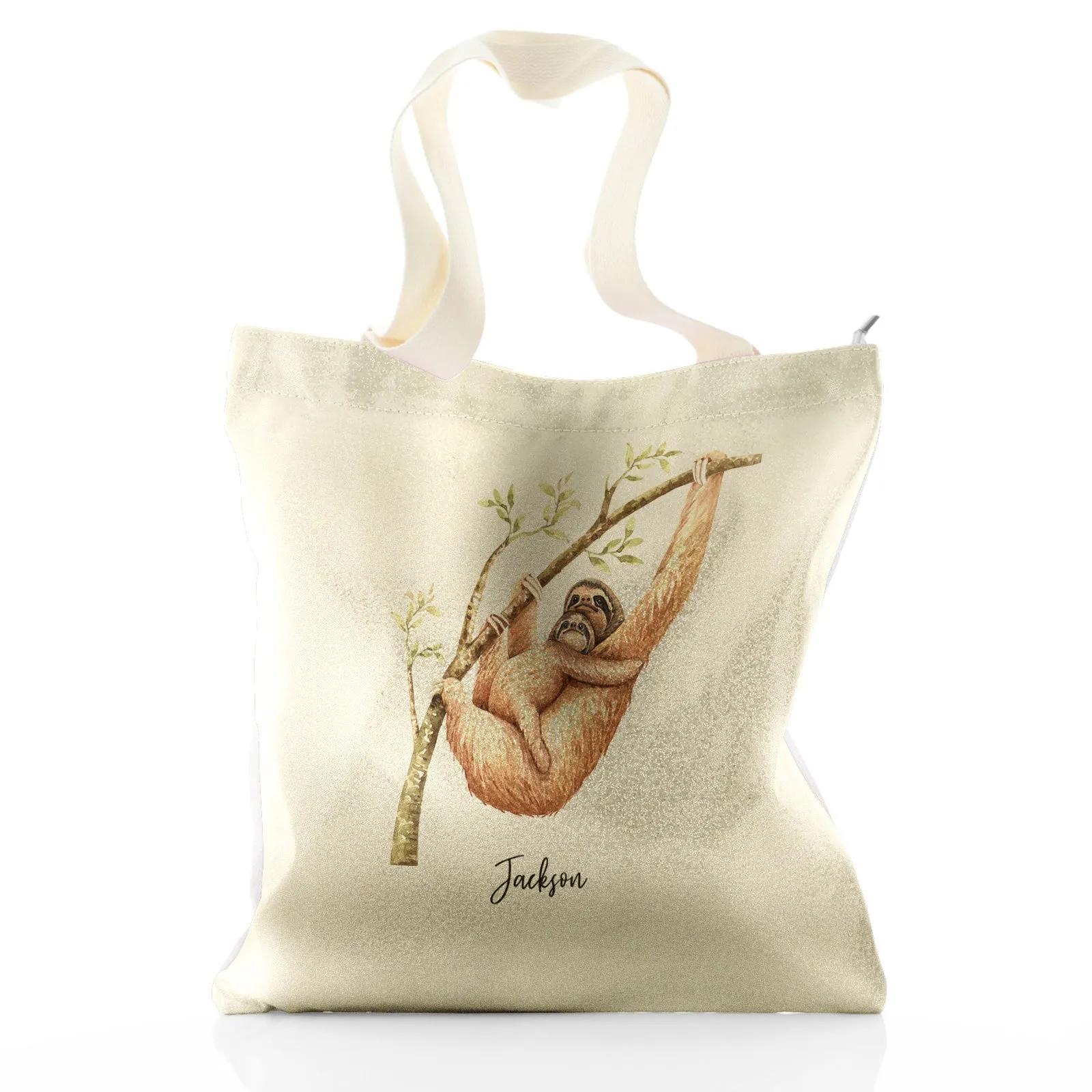 Personalised Glitter Tote Bag with Welcoming Text and Climbing Mum and Baby Sloths