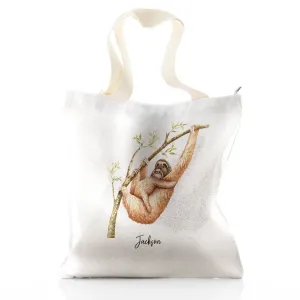 Personalised Glitter Tote Bag with Welcoming Text and Climbing Mum and Baby Sloths