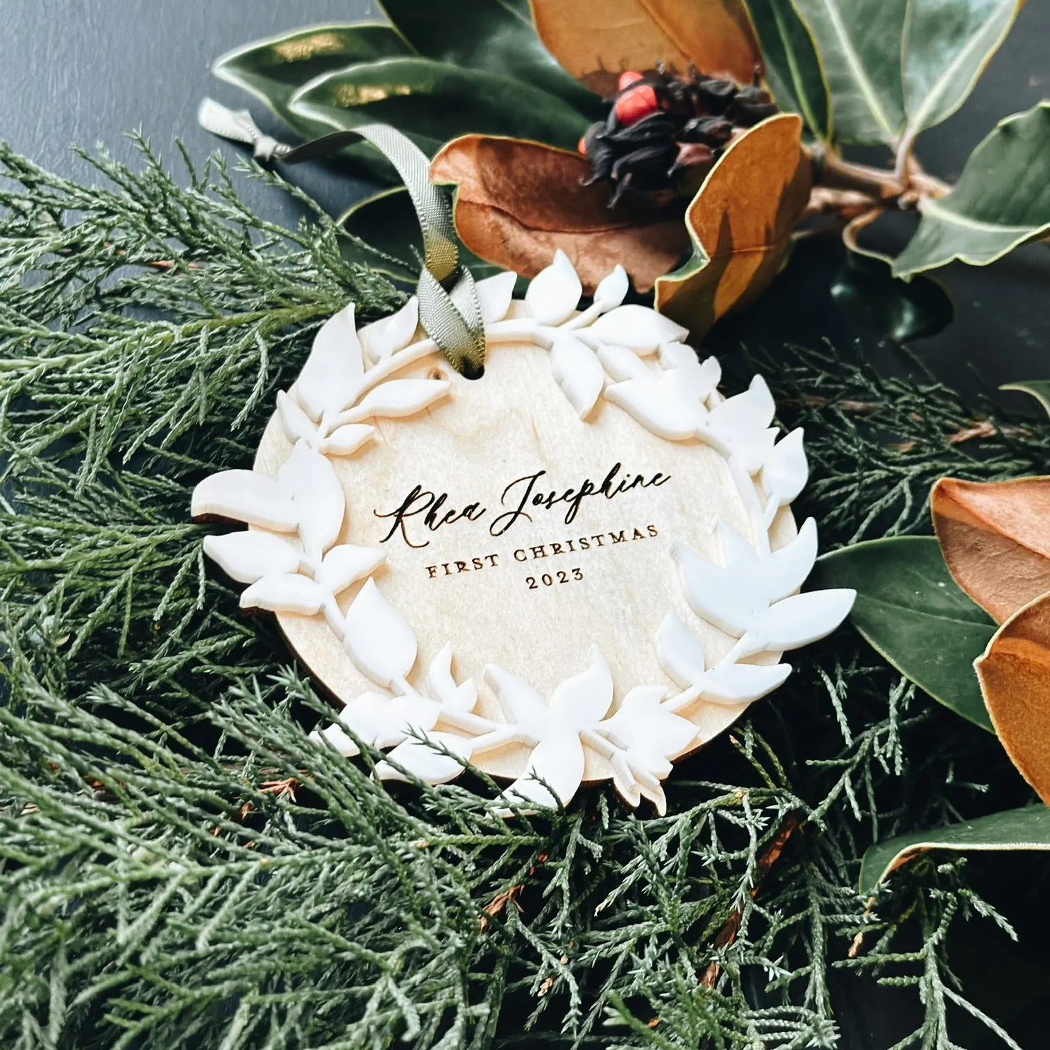 Personalized Wood   Acrylic Wreath Baby's First Christmas Ornament