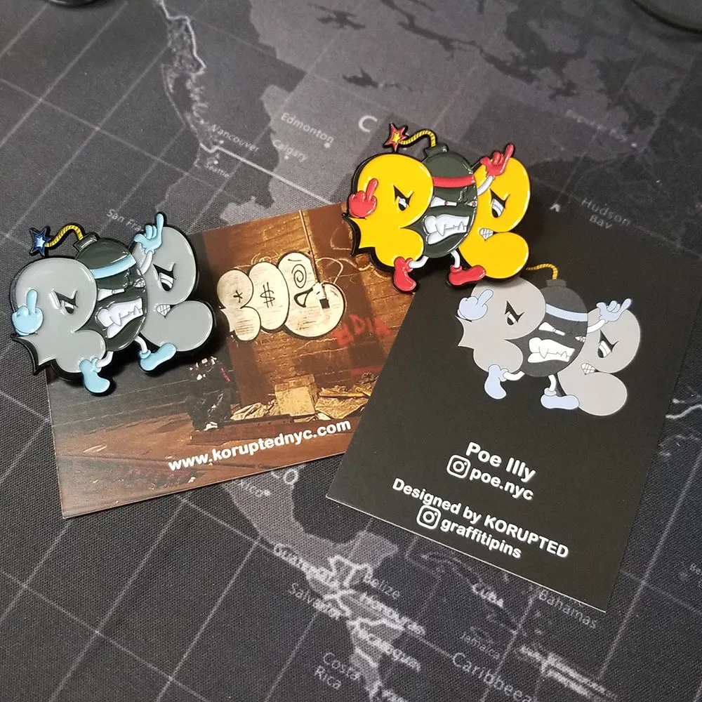 Poe Illy "F- You" Gray & Orange Bomb Throwie - Enamel Pin Set