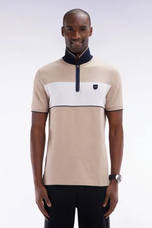 Polo à manches courtes en piqué de coton chiné stretch beige détails contrastés coupe ajustée