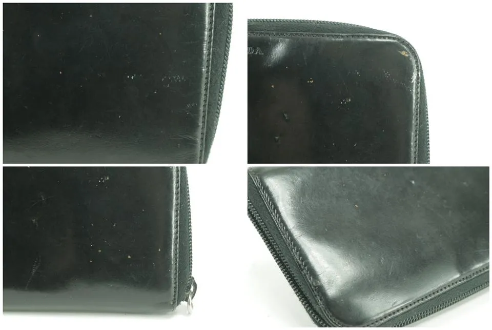 Prada Enamel Logo Zip Around Long Wallet Black Laather Clutch 12PK0123