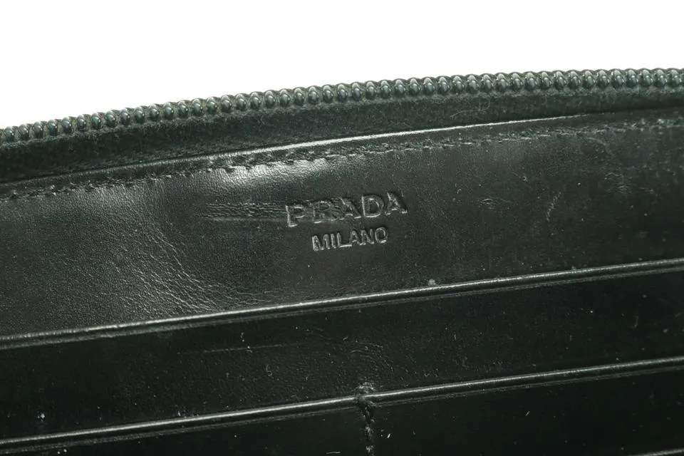 Prada Enamel Logo Zip Around Long Wallet Black Laather Clutch 12PK0123