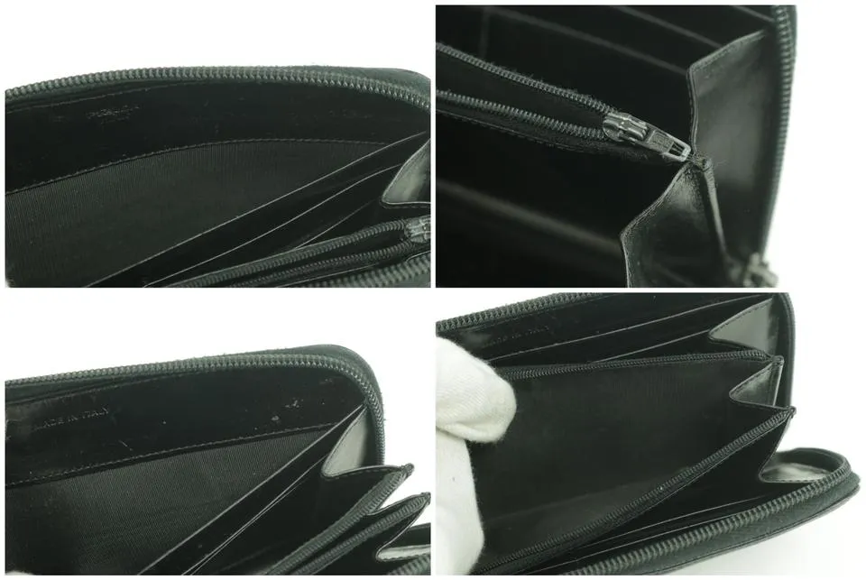 Prada Enamel Logo Zip Around Long Wallet Black Laather Clutch 12PK0123
