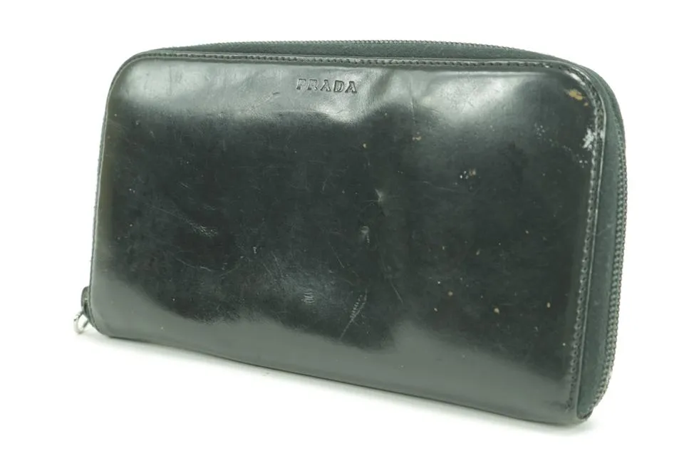 Prada Enamel Logo Zip Around Long Wallet Black Laather Clutch 12PK0123