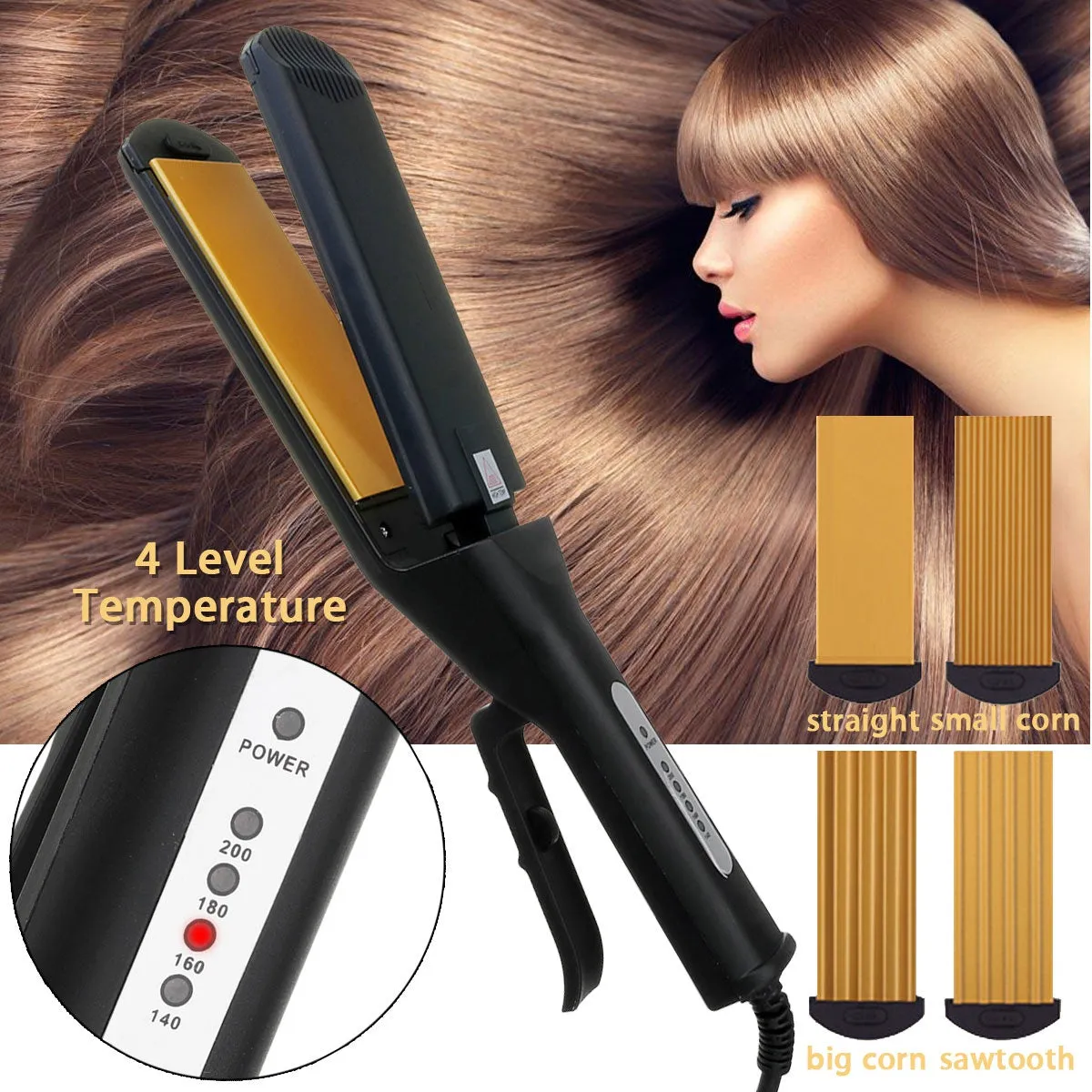 Pro 4-IN-1 Replaceable Ceramic Hair Crimper Corrugating Adjustable Temperature Curling Flat Iron Hair Crimper Straightener With 4 Pair Plates