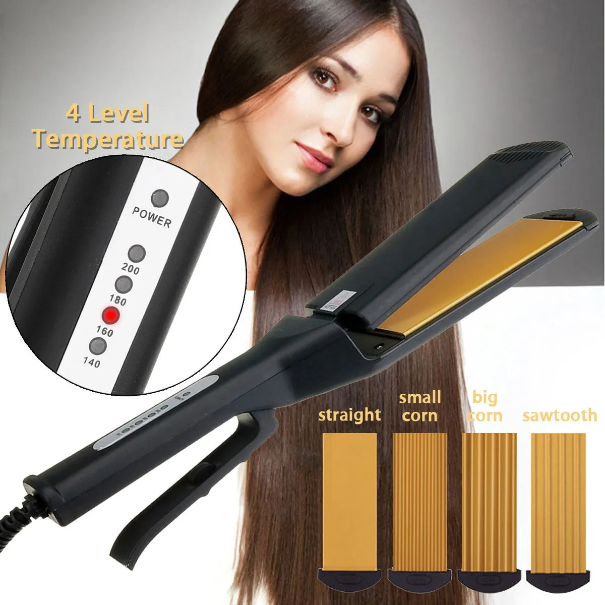 Pro 4-IN-1 Replaceable Ceramic Hair Crimper Corrugating Adjustable Temperature Curling Flat Iron Hair Crimper Straightener With 4 Pair Plates
