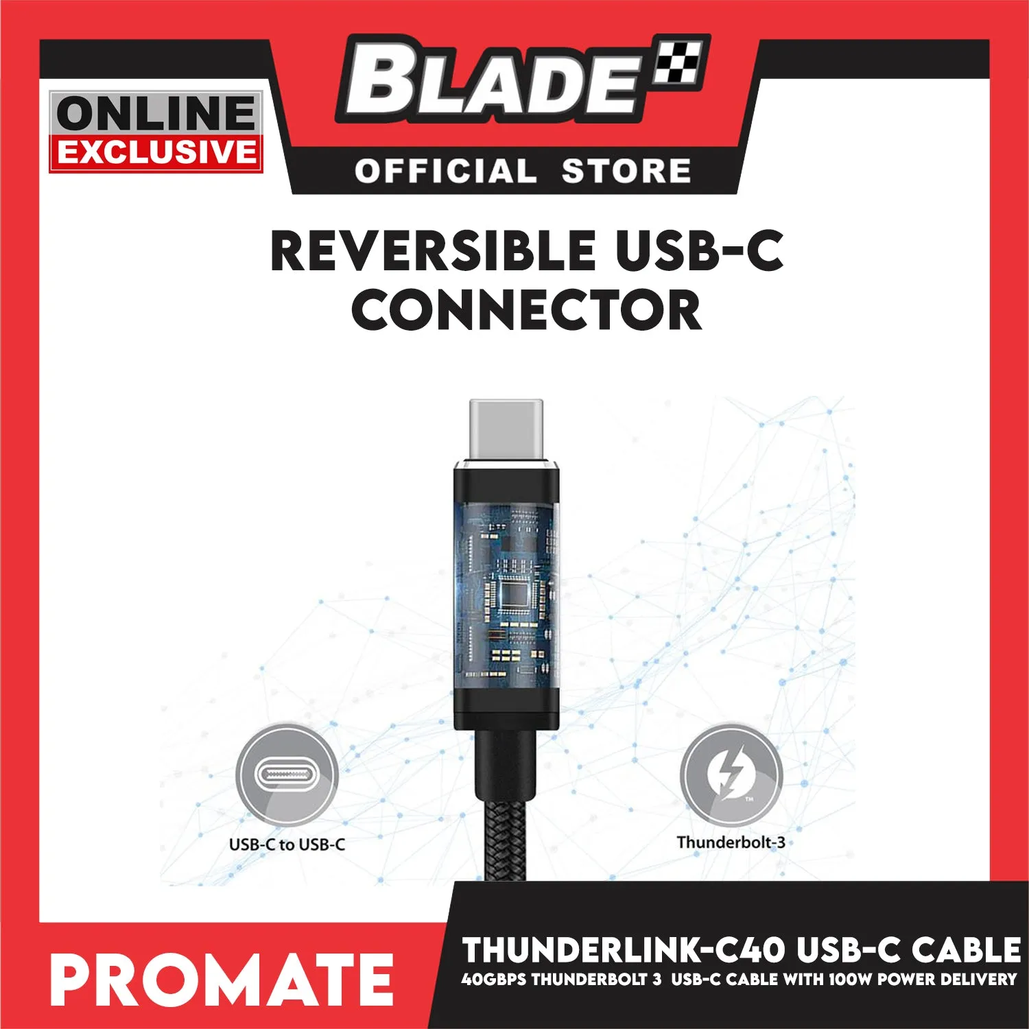 Promate 100cm USB-C Cable with 100W Power Delivery 40Gbps ThunderBolt 3 (Black) ThunderLink-C40