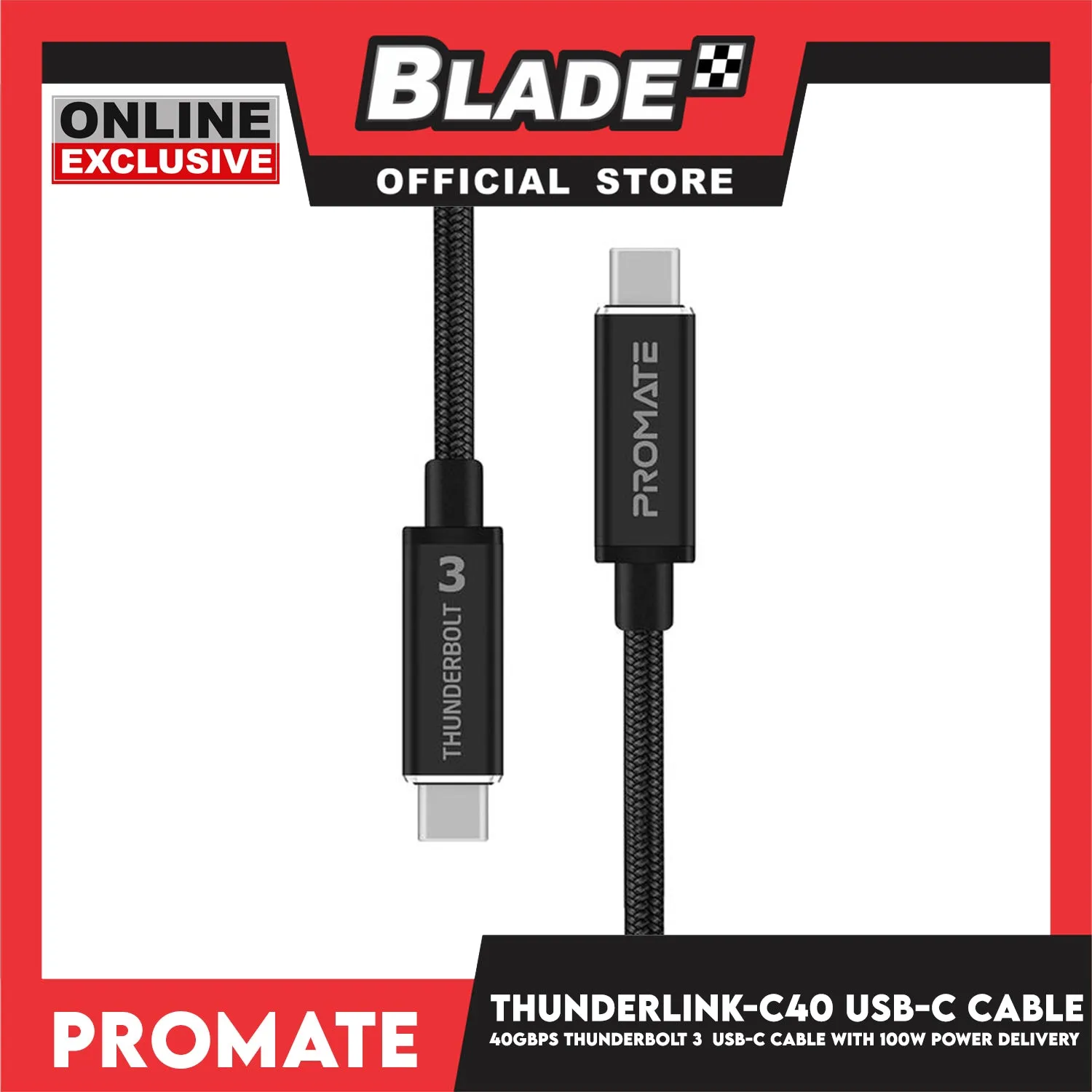 Promate 100cm USB-C Cable with 100W Power Delivery 40Gbps ThunderBolt 3 (Black) ThunderLink-C40