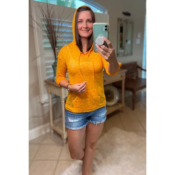 Sexy Sheer Burnout Drawstring Hoodie Tissue High Neck Long Sleeve Top Gold