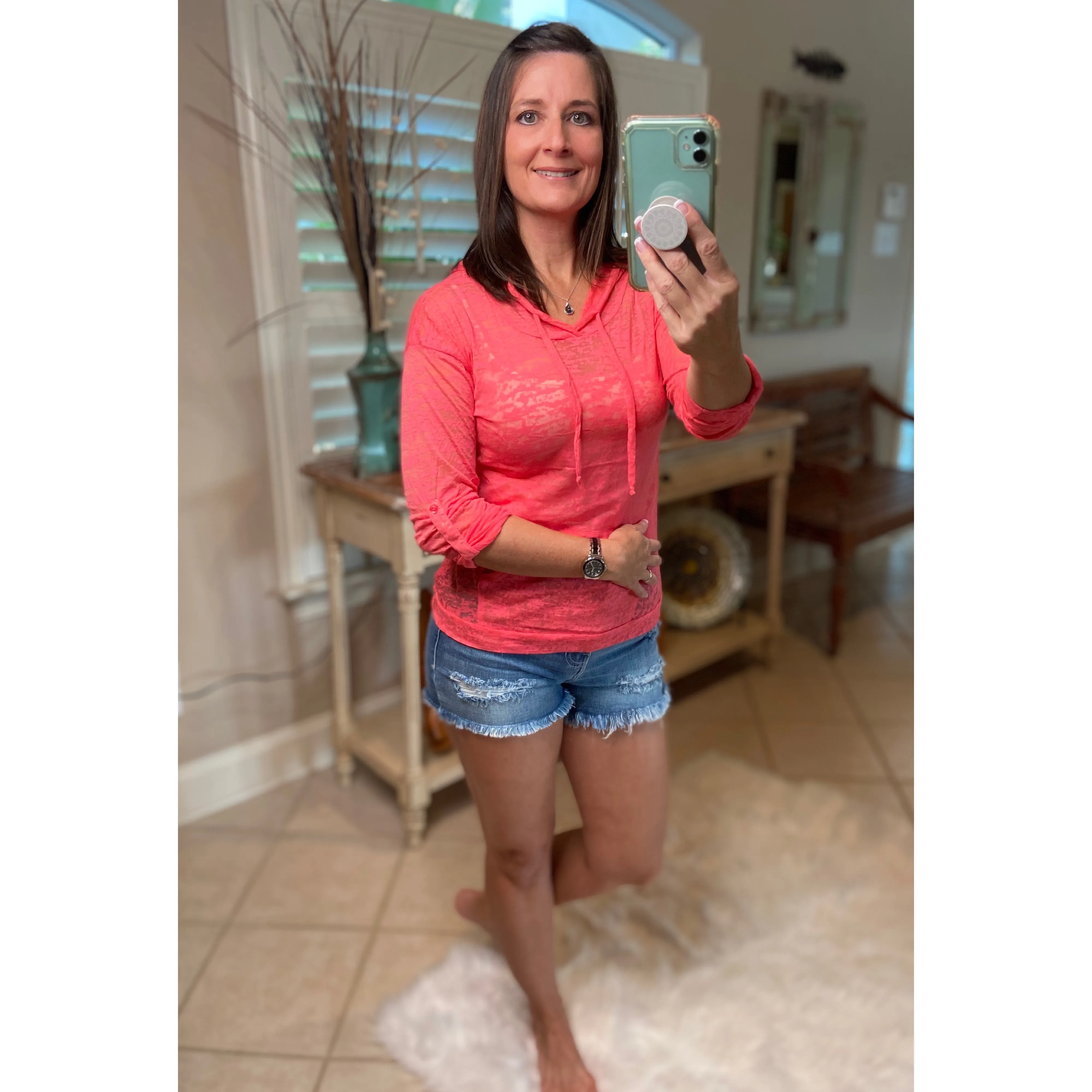 Sexy Sheer Burnout Drawstring Hoodie Tissue High Neck Long Sleeve Top Pink