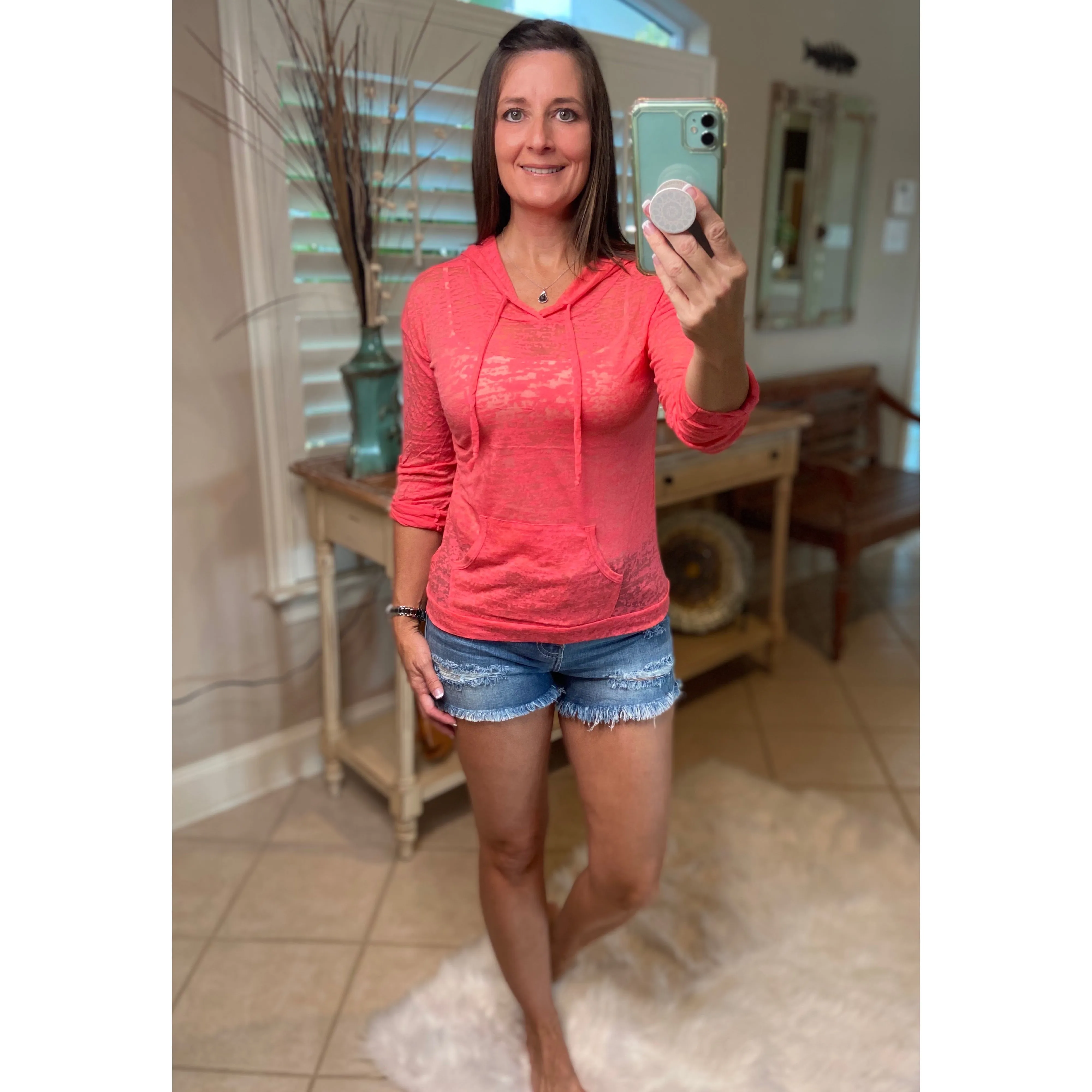 Sexy Sheer Burnout Drawstring Hoodie Tissue High Neck Long Sleeve Top Pink
