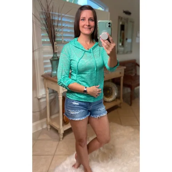 Sexy Sheer Burnout Drawstring Hoodie Tissue High Neck Top Shirt Mint