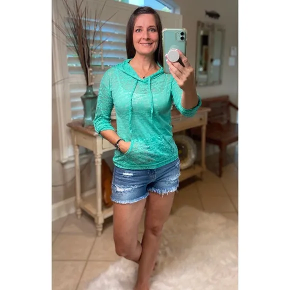 Sexy Sheer Burnout Drawstring Hoodie Tissue High Neck Top Shirt Mint